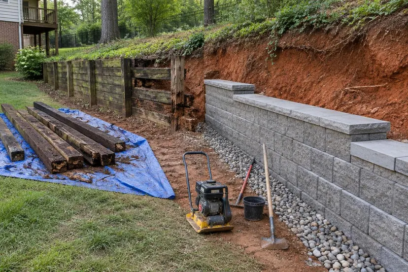 Timber Wall Replacement in a residential Upstate South Carolina yard