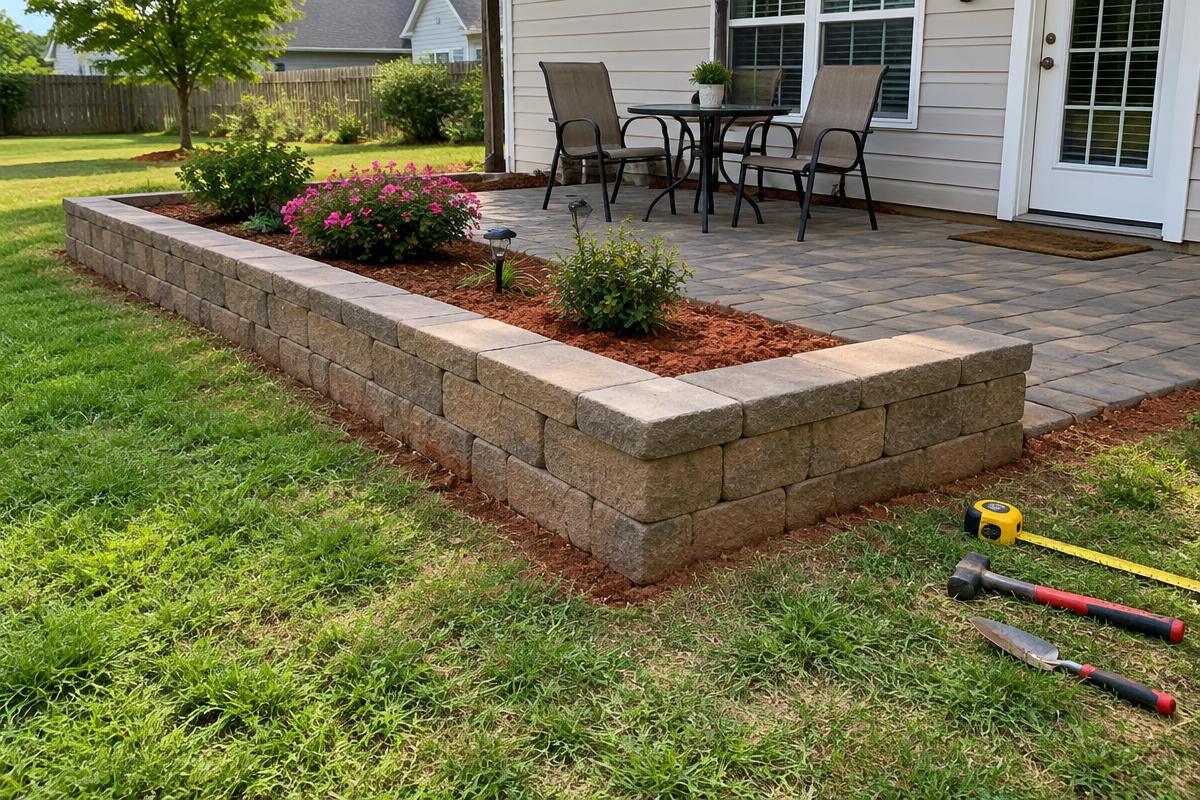Modest low block retaining wall surrounding a residential patio
