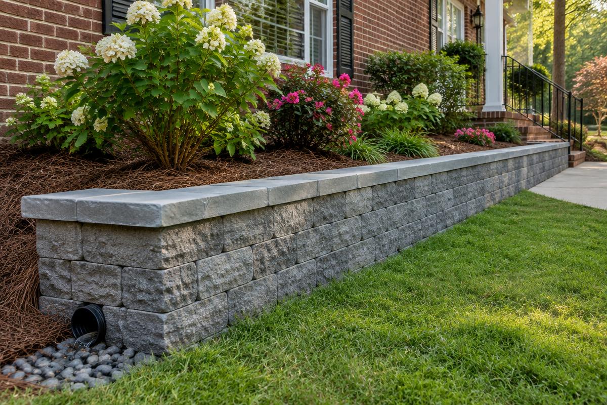 Garden retaining wall with a visible pipe outlet at the end