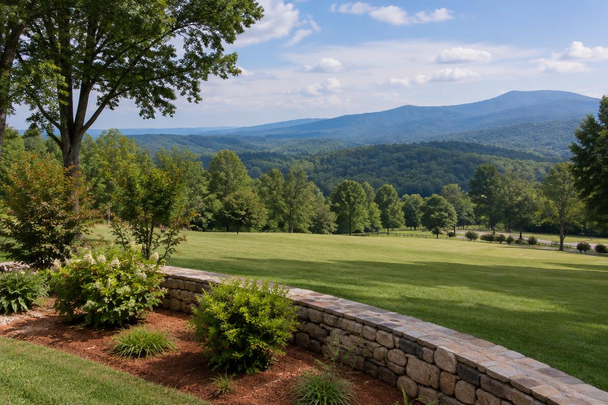 Stone retaining wall overlooking wooded Upstate foothills